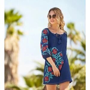 Trina Turk Womens Blue Red Embroidered All Cotton Gauze Shift Dress XS 0 Coverup